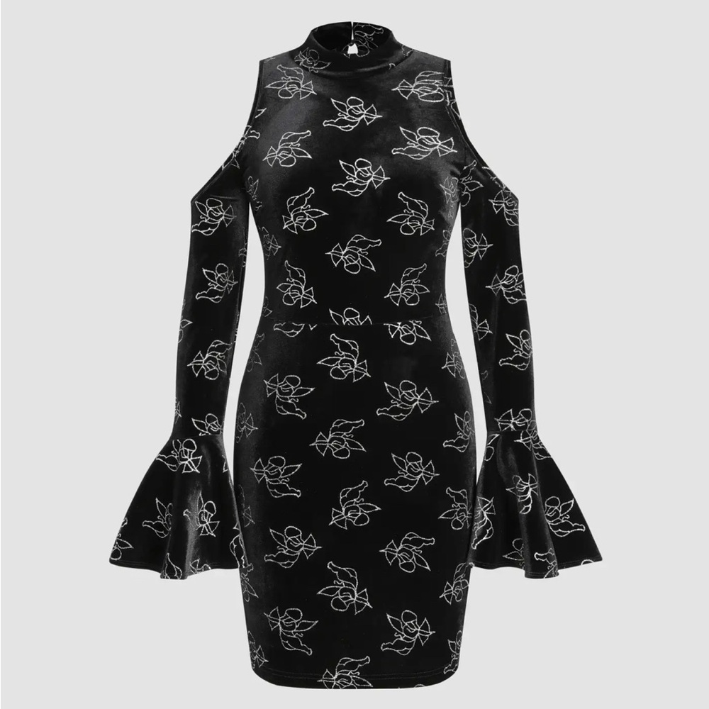 Cider Velvet Angel Pattern Bell Sleeve Dress